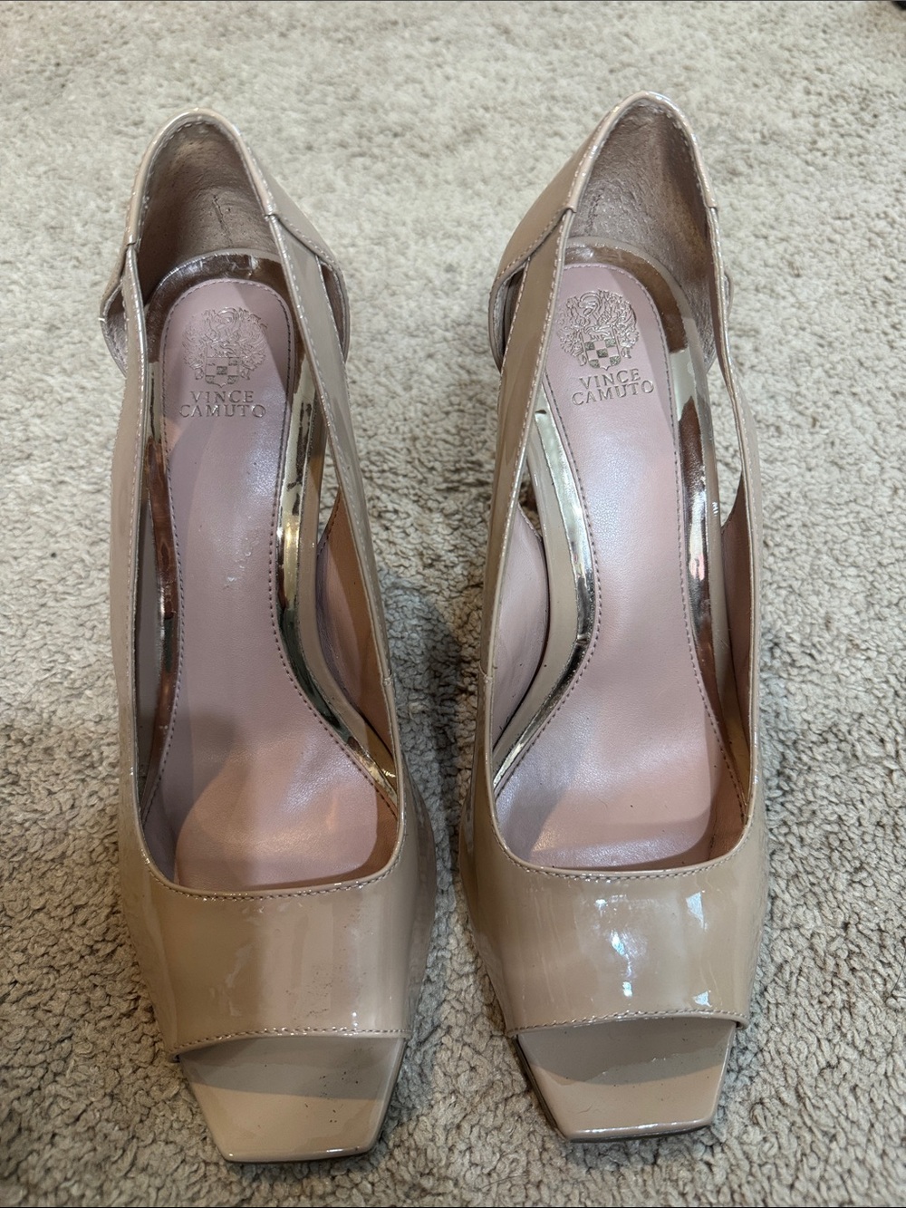 Vince Camuto Nude Patent Open-Toe Heels